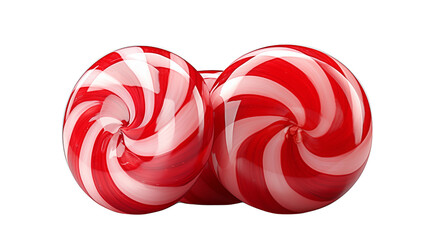 Three festive striped Christmas balls gleam with red and white candy cane designs, perfect for holiday decorations transparent.