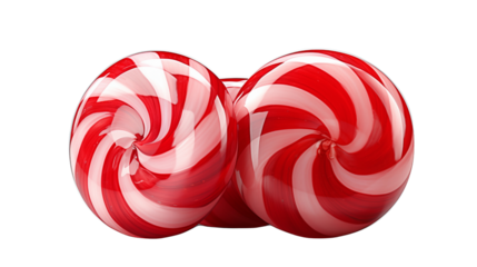 Three festive striped Christmas balls gleam with red and white candy cane designs, perfect for holiday decorations transparent.
