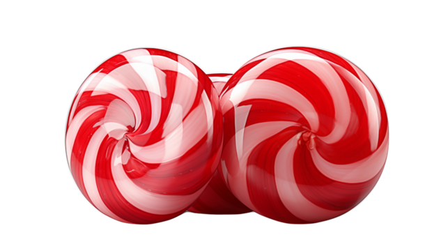 Three festive striped Christmas balls gleam with red and white candy cane designs, perfect for holiday decorations transparent.