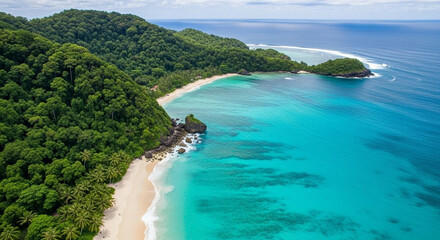 Fototapeta premium Aerial View of Tropical Beach – Serene Drone Shot with Palm Trees & Turquoise Ocean