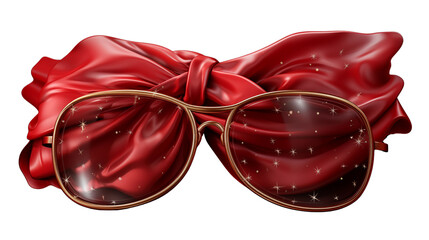 Elegant eyeglasses rest on a red silk fabric against a dark backdrop, reflecting tiny stars for a stylish visual transparent.