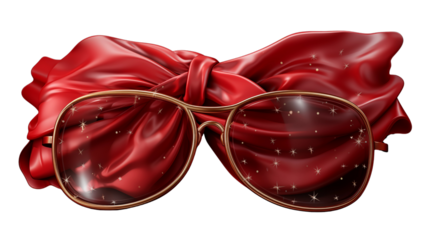 Elegant eyeglasses rest on a red silk fabric against a dark backdrop, reflecting tiny stars for a stylish visual transparent.