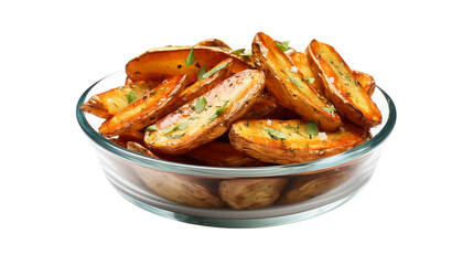 A tempting bowl of seasoned potato wedges is beautifully presented against a crisp white background, ready to enjoy transparent.