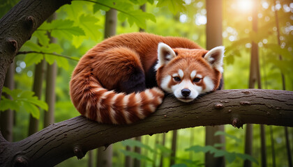 Red panda resting on tree branch, wildlife conservation and tranquility