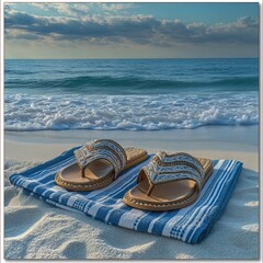 Beach sandals on a striped towel