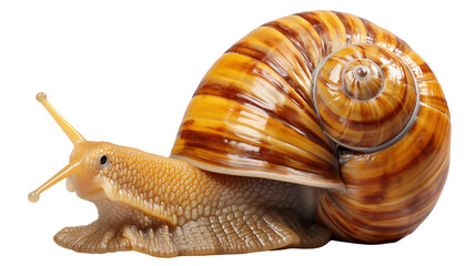 Close-up on a giant African snail displaying its beautiful shell and fascinating anatomy against a neutral background transparent.