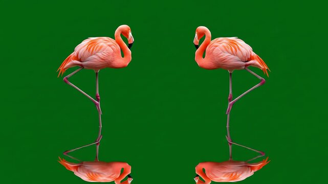 Two pink flamingos stand mirrored against a green backdrop creating a symmetrical composition