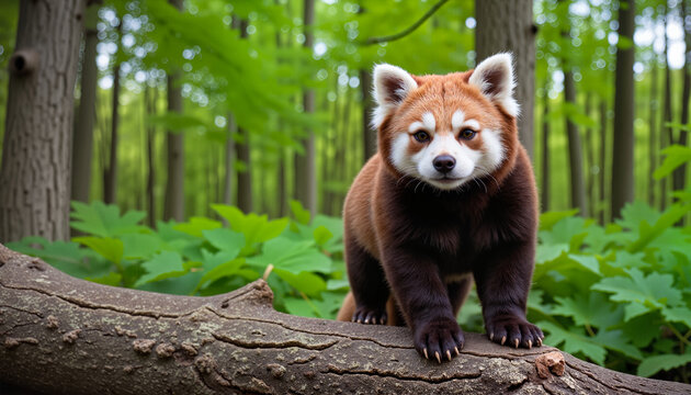 Red panda on tree branch in forest, International Red Panda Day awareness
