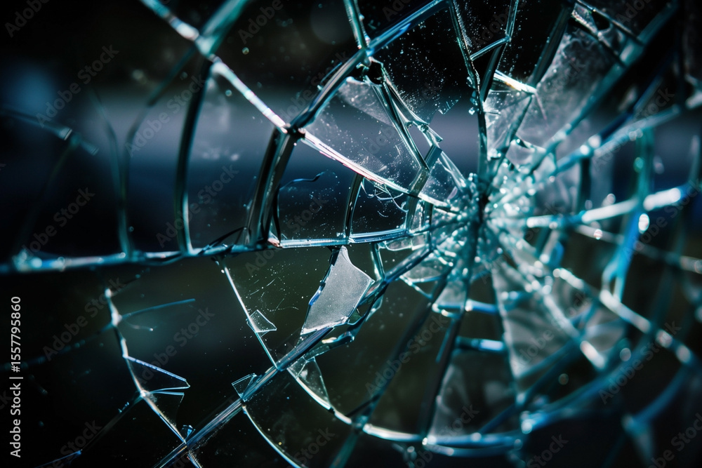 Poster a striking close-up captures shattered glass, its fractured surface displaying a complex web of crac
