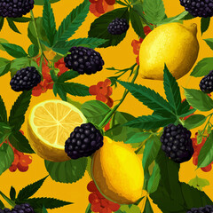 Fototapeta premium Intensywny, owocowy wzór na żółtym tle, przedstawiający cytryny, jeżyny i zielone liście. Żywe kolory i artystyczne wykonanie.