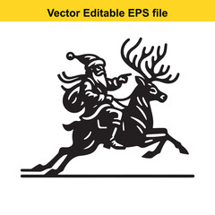 Fototapeta premium Vintage Santa Claus Riding Reindeer Through Forest Engraving Vector Illustration for Christmas Season Joy and Festive Celebration