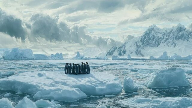 Penguins huddled on an ice floe in a frigid Antarctic landscape