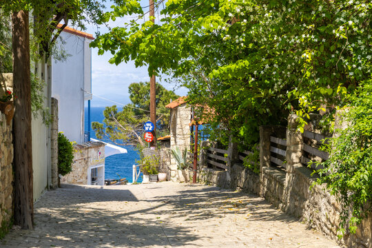 Winding alley with sea view in Afitos, Chalkidiki