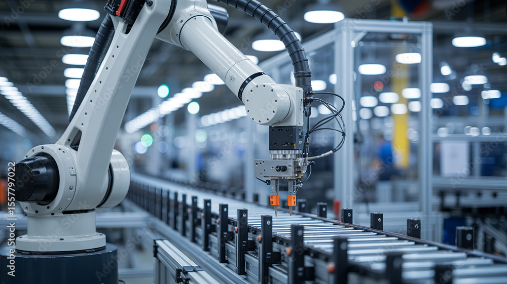 Poster robotic automation in the factory: modern industrial robotic arm working efficiently on an automated
