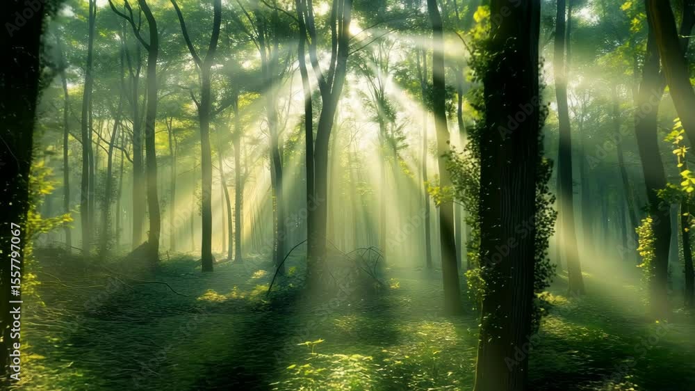 Poster sunlight streams through a lush forest, creating a serene, ethereal atmosphere. captured from a low 