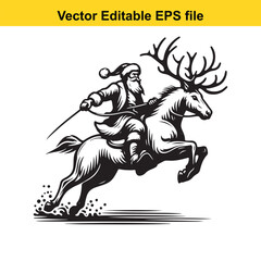 Vintage Santa Claus Riding Reindeer Through Forest Engraving Vector Illustration for Christmas Season Joy and Festive Celebration