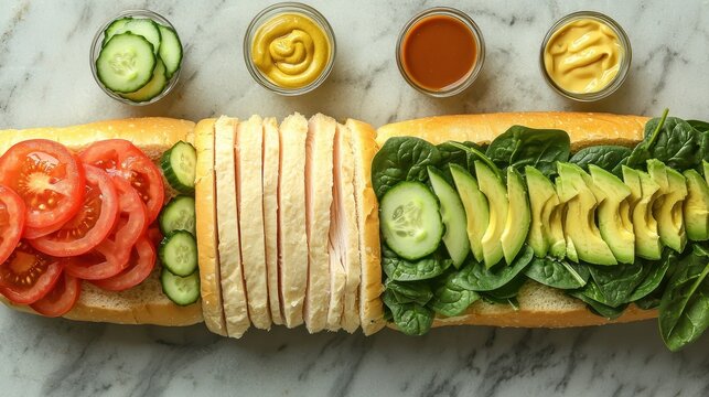 Sub sandwich preparation featuring deli turkey, cucumber slices, yellow cheese and fresh vegetables on marble counter top view