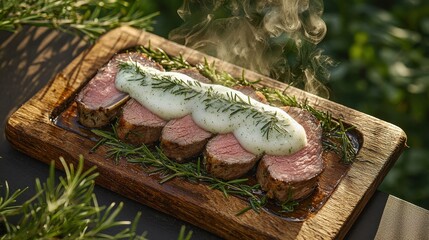 Rosemary foam technique crowning perfectly cooked lamb slices, artisanal wooden board, dappled natural light, verdant background, upscale restaurant cuisine