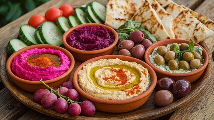 Mediterranean mezze spread featuring bright pink beetroot hummus, classic hummus with paprika, white dip, accompanied by sliced cucumbers, olives, and flatbread