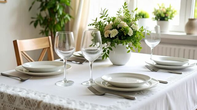 Elegantly set table featuring white linen, dinnerware, glasses, silverware, and a lush floral centerpiece for formal dining