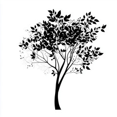 Vector tree silhouette featuring detailed branches and leaves in solid black, ideal for nature-themed designs, environmental graphics, logo elements, and minimalist or seasonal landscape illustrations