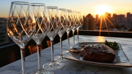 Crystal stemware collection arranged on white tablecloth catching evening sunlight with modern geometric design glasses alongside gourmet steak topped with black truffle against mountain skyline