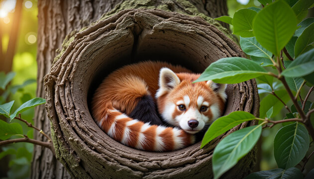 Red panda resting in tree hollow, wildlife conservation awareness - Powered by Adobe