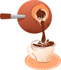 Pouring Turkish Coffee from traditional pot into cup.