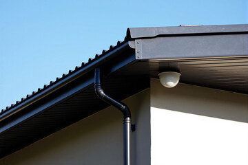 Discreet white dome security camera mounted under the roof eaves of a modern house, providing outdoor surveillance for property protection against a clear blue sky, representing home safety