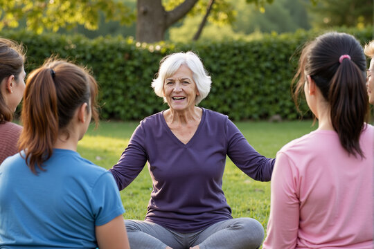 Active senior woman leads a multi-generational yoga class outdoors in a sunny garden, guiding a group of women through wellness exercises, representing healthy aging, community fitness