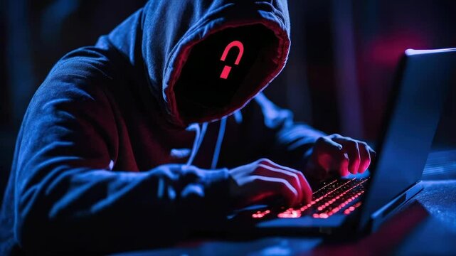 Hooded figure anonymously hacking on laptop