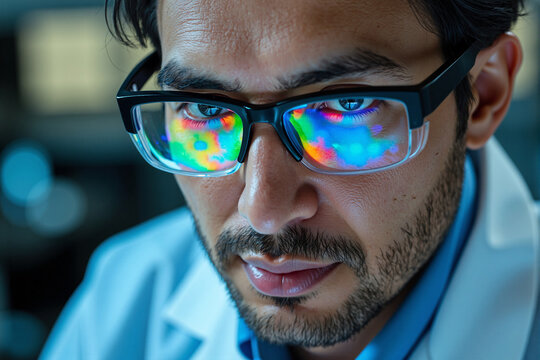 close-up of a male scientist's face, with complex data and colorful graphs reflected in his protective glasses as he analyzes information, representing cutting-edge research, technological innovation