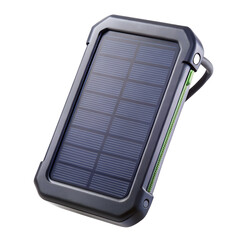 A portable black solar charger is isolated on transparent background, offering sustainable power on the go