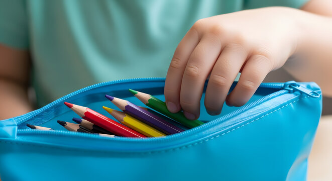 A child's hand reaches into a blue pencil case filled with colorful pencils, ready for drawing or schoolwork.