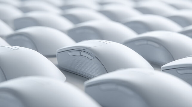 Several white computer mice arranged in neat rows, creating a geometric pattern. Technology and uniformity