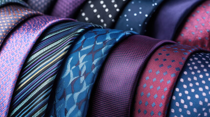 Colorful silk ties with various patterns are neatly arranged in rows 