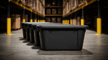 Black storage bins are lined up on a warehouse floor with shelves in the background. Industrial organization and storage solutions