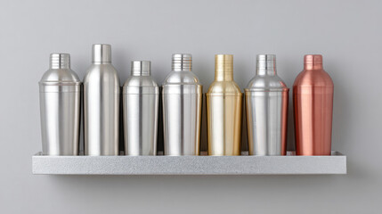 Metallic cocktail shakers in various colors are lined up on a shelf. Colorful kitchen accessories, organization