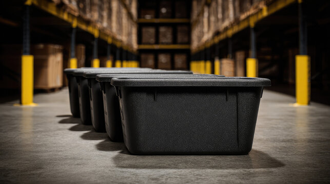 Black storage bins are lined up on a warehouse floor with shelves in the background. Industrial organization and storage solutions