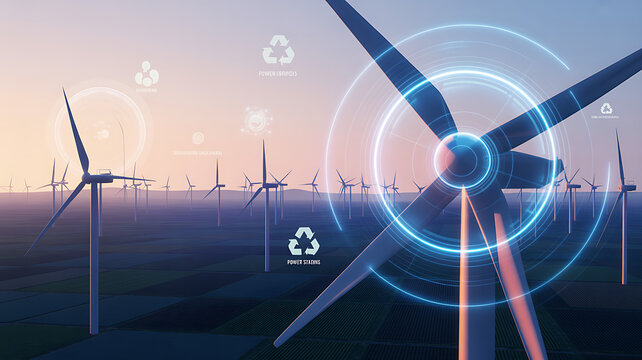 Wind Turbine Energy: A close-up view of a wind turbine with a futuristic energy interface superimposed, showcasing the power of clean energy. Multiple wind turbines stretch across a vast landscape. - Powered by Adobe