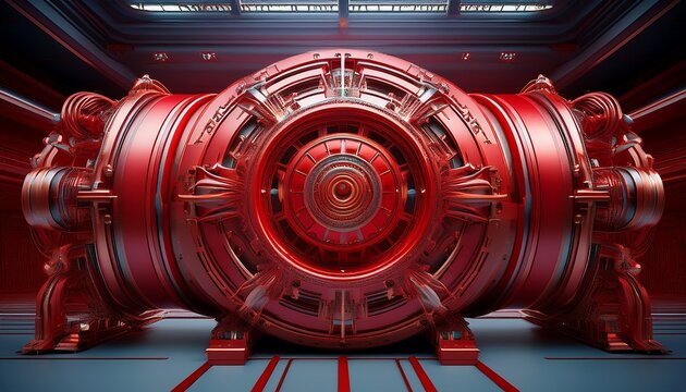 3d rendering of a large red colored machine with a cylindrical shape the machine appears to be made of metal and has a metallic frame with intricate details