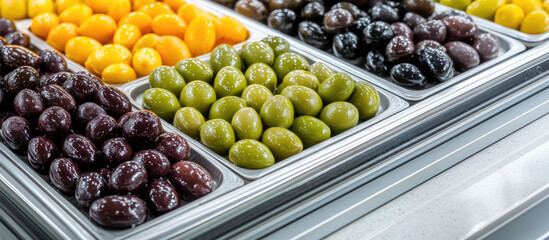 Various types of olives are neatly arranged in metal trays at a market or deli counter. Fresh food selection, colorful arrangement