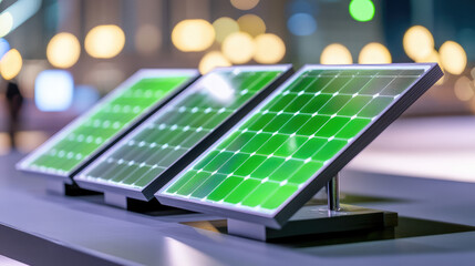 Three solar panels are arranged in a row, angled toward the light. Renewable energy, sustainability, technology