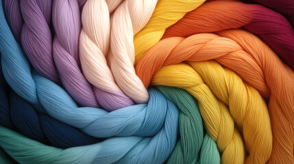 Skeins of multicolored yarn are arranged in a spiral pattern, showcasing a gradient of beautiful hues. Concept: Colorful textiles, crafting, design