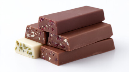 Fototapeta premium stacked rectangular chocolate bars with nuts and fruit scattered inside. Gourmet chocolate, sweet indulgence
