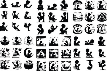 Child with Open Book Vector Icons – Education and Knowledge Silhouettes Boy Reading Book Silhouette Set – Study and Learning Icon Collection