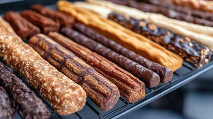 Assorted churros in various flavors are neatly arranged on a cooling rack. Variety baked pastry concept