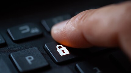 A close-up of a person's finger pressing a security lock symbol key on a dark computer keyboard for protection.