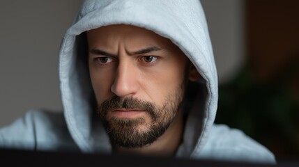 A focused white man with a beard in a grey hoodie, looking intently at a computer screen as he works or programs.