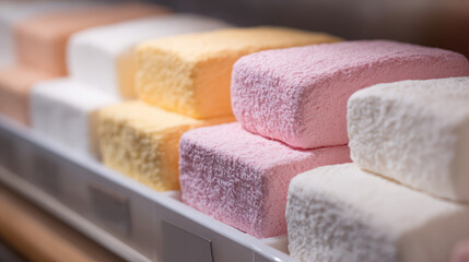 Colorful marshmallows are stacked neatly on a tray. Sweet treats and dessert variety